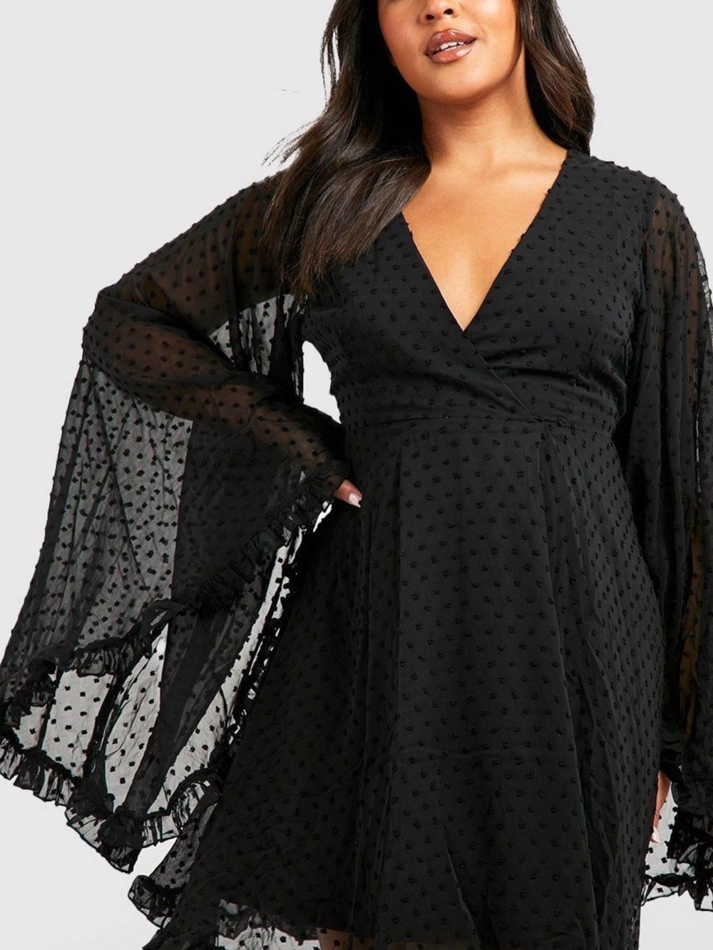 Boohoo Plus Size 22 Black Dobby Chiffon Bell Sleeve Mini Dress Whimsigoth Witchy